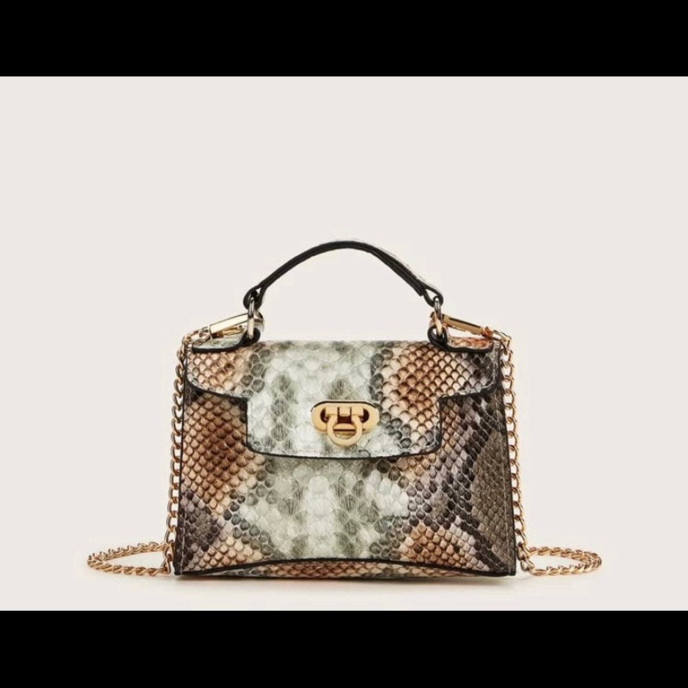 Mini snakeskin satchel bag with a gold chain